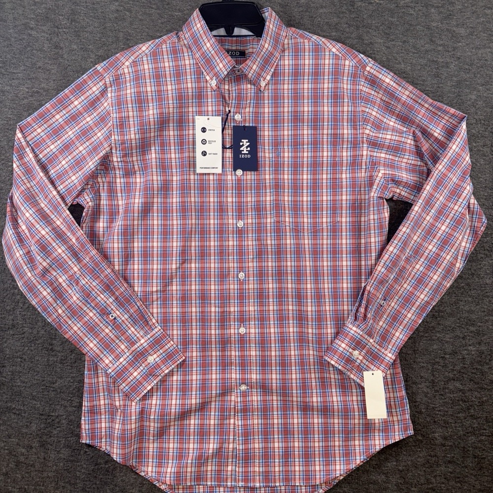 IZOD Men Comfort + Performance Woven Shirt Stretch Faded Rose Check Sz S NEW $65 - Picture 2 of 8